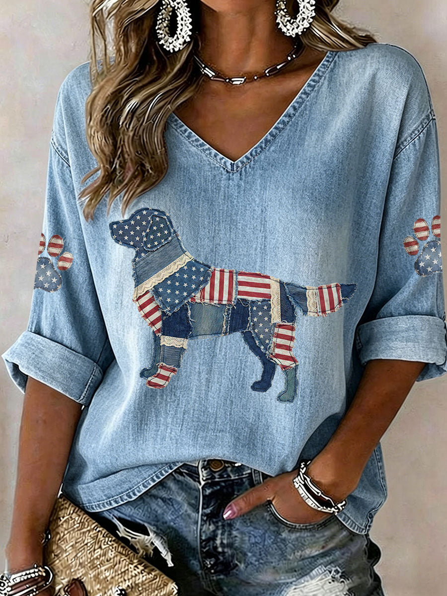 Women's Golden Retriever Patchwork Print Casual T-shirt