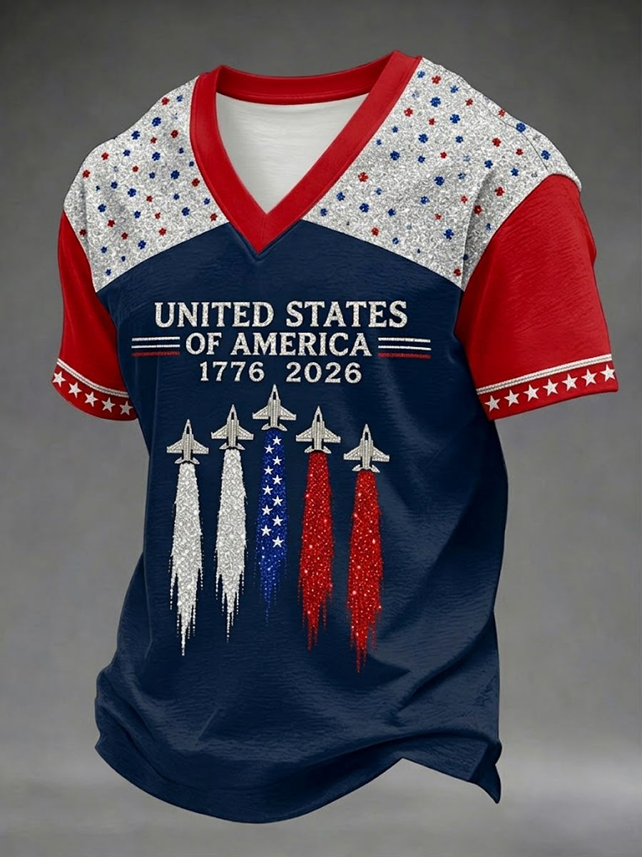 Men's Independence Day USA Flag Jet Print Casual Patriotic V-Neck Tee