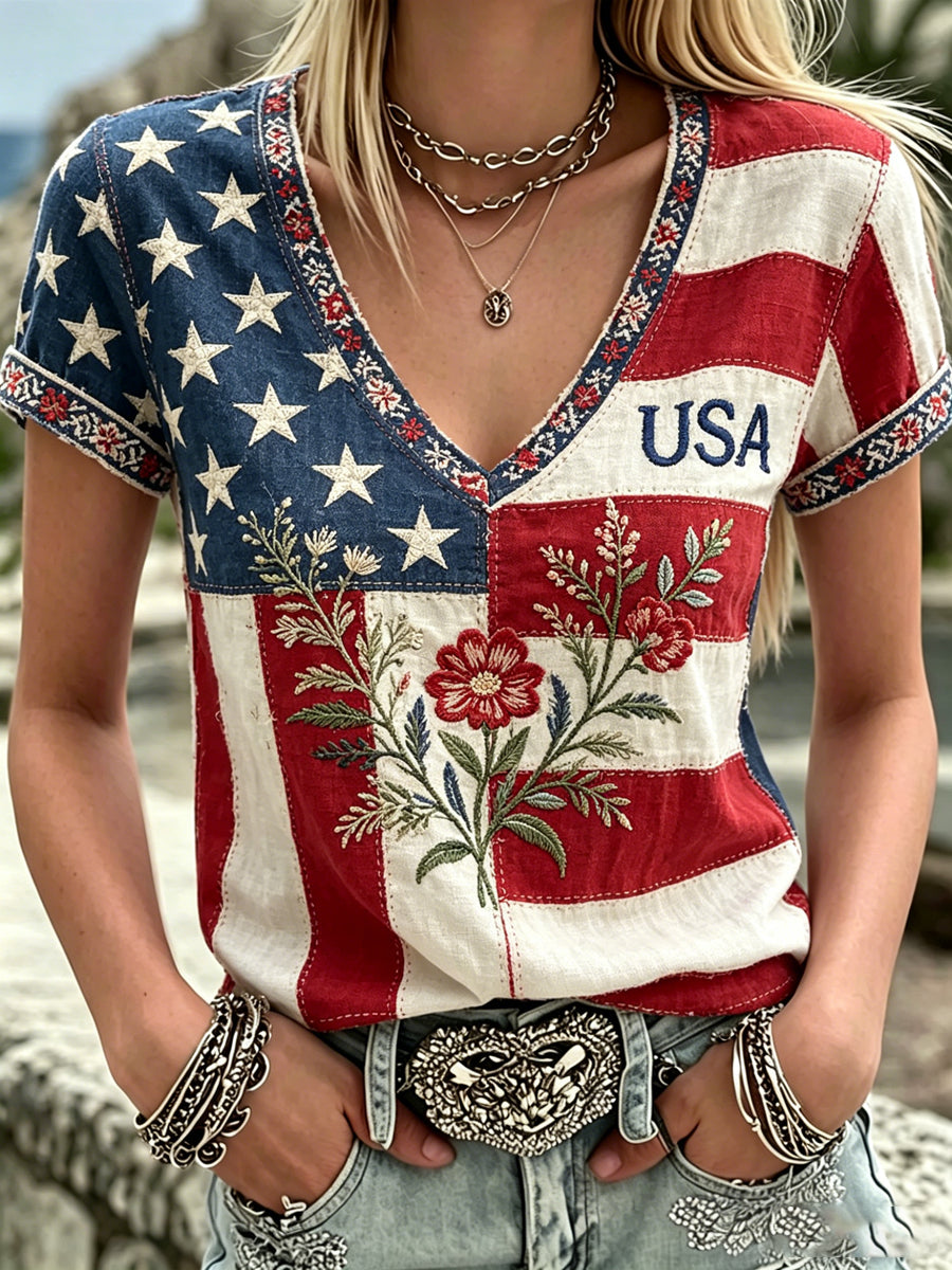 Women's America Floral Print V-Neck Casual T-Shirt