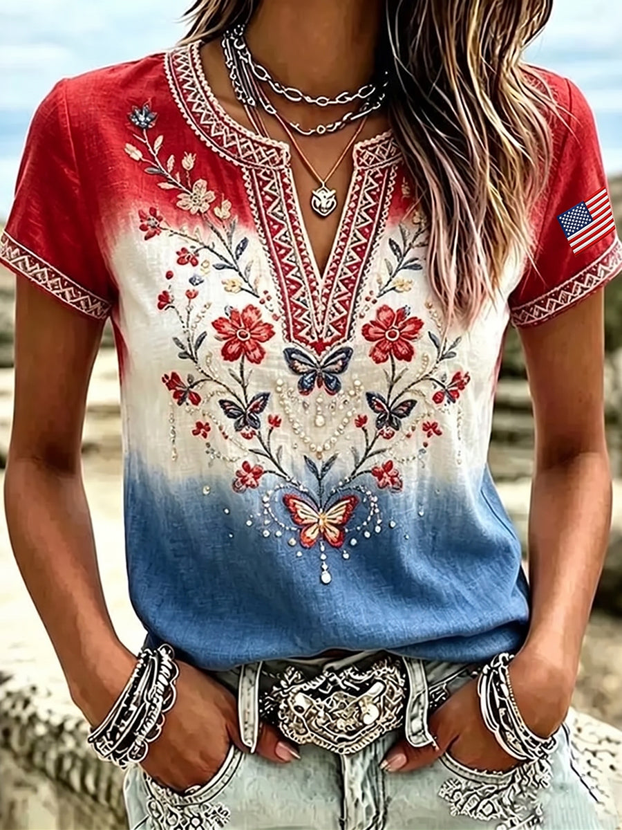 Women's  Independence Day Flag & Floral Art Casual Cotton-Linen Shirt