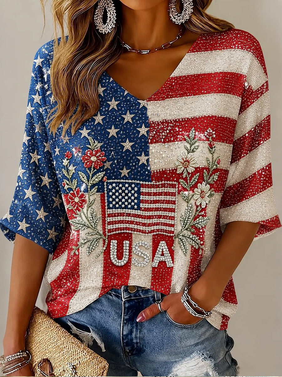Women's Independence Day Flag & Floral Art Casual Cotton-Linen Top