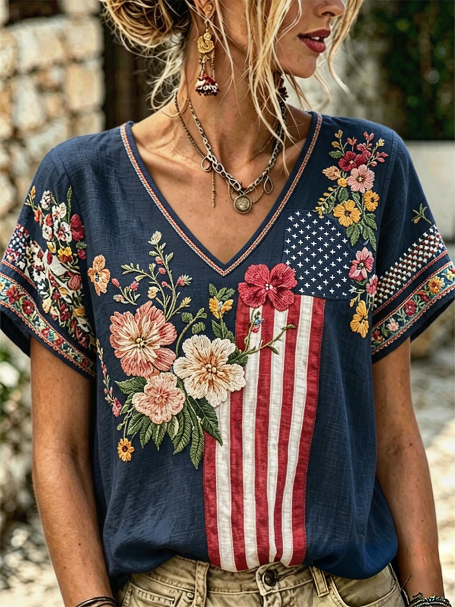 Women's Independence Day Floral USA Flag Print V-Neck Tee