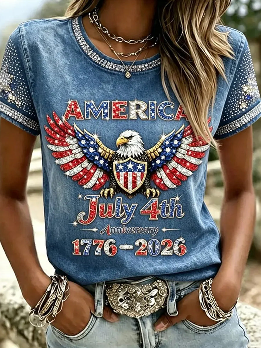 Women's Independence Day Flag & Eagle Art Casual Short Sleeve T-shirt