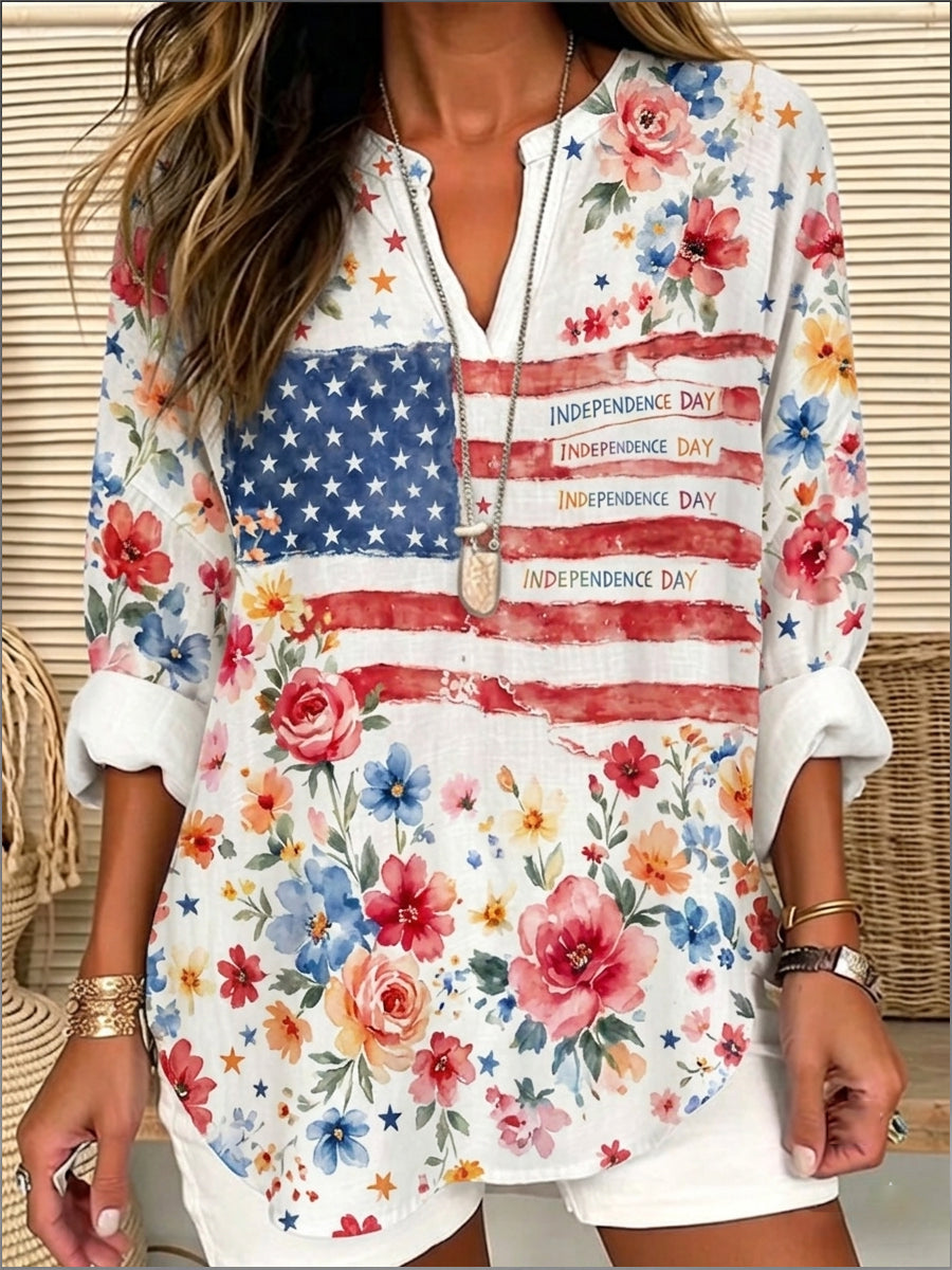 Women's Independence Day Flag & Floral Pattern Casual Cotton-Linen Shirt
