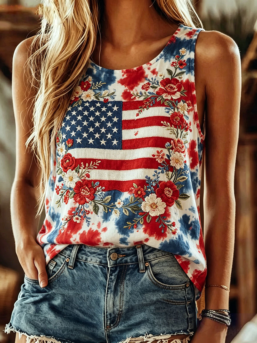 Women's American Flag Floral Print Casual Vest