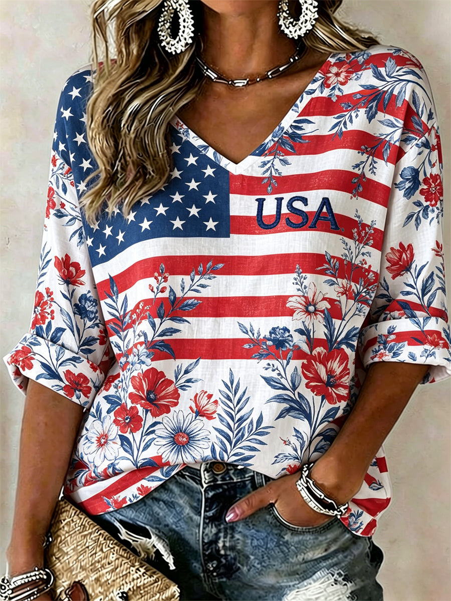 Women's America Floral Print Casual T-shirt