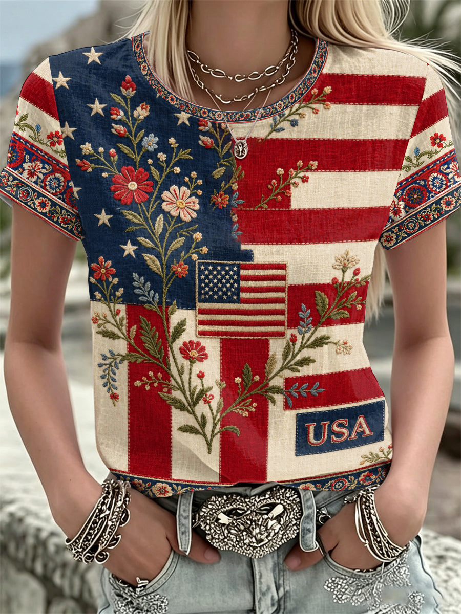 Women's America Floral Print Casual T-Shirt