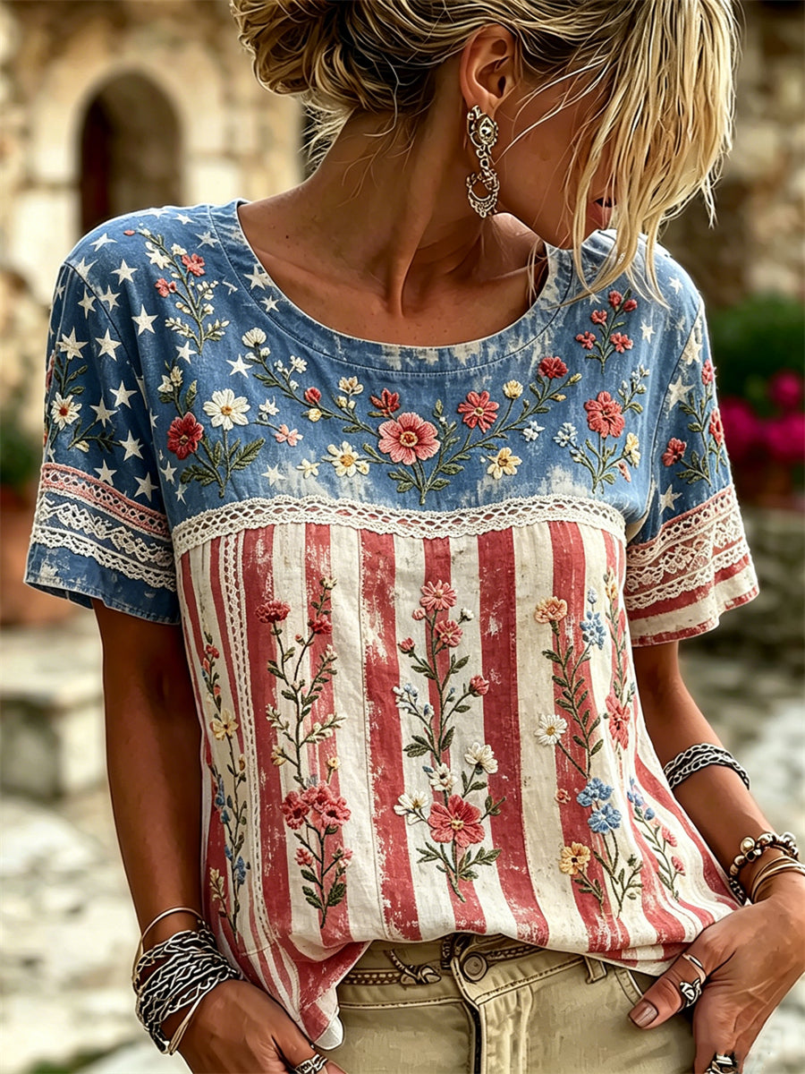 Women's Boho Floral American Flag Inspired Print linen short-sleeved T-shirt