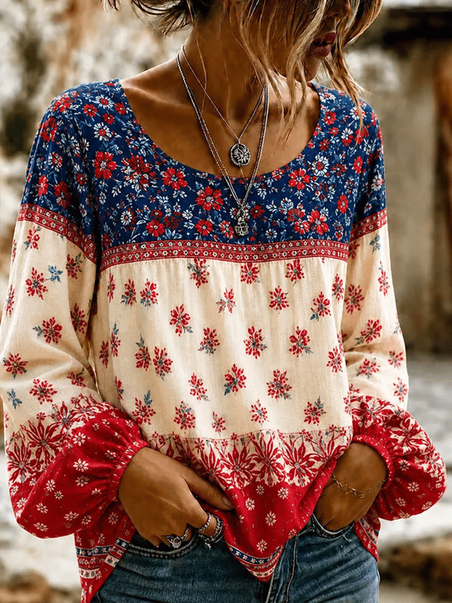 Women's American  Flowers Cotton-Linen Shirt