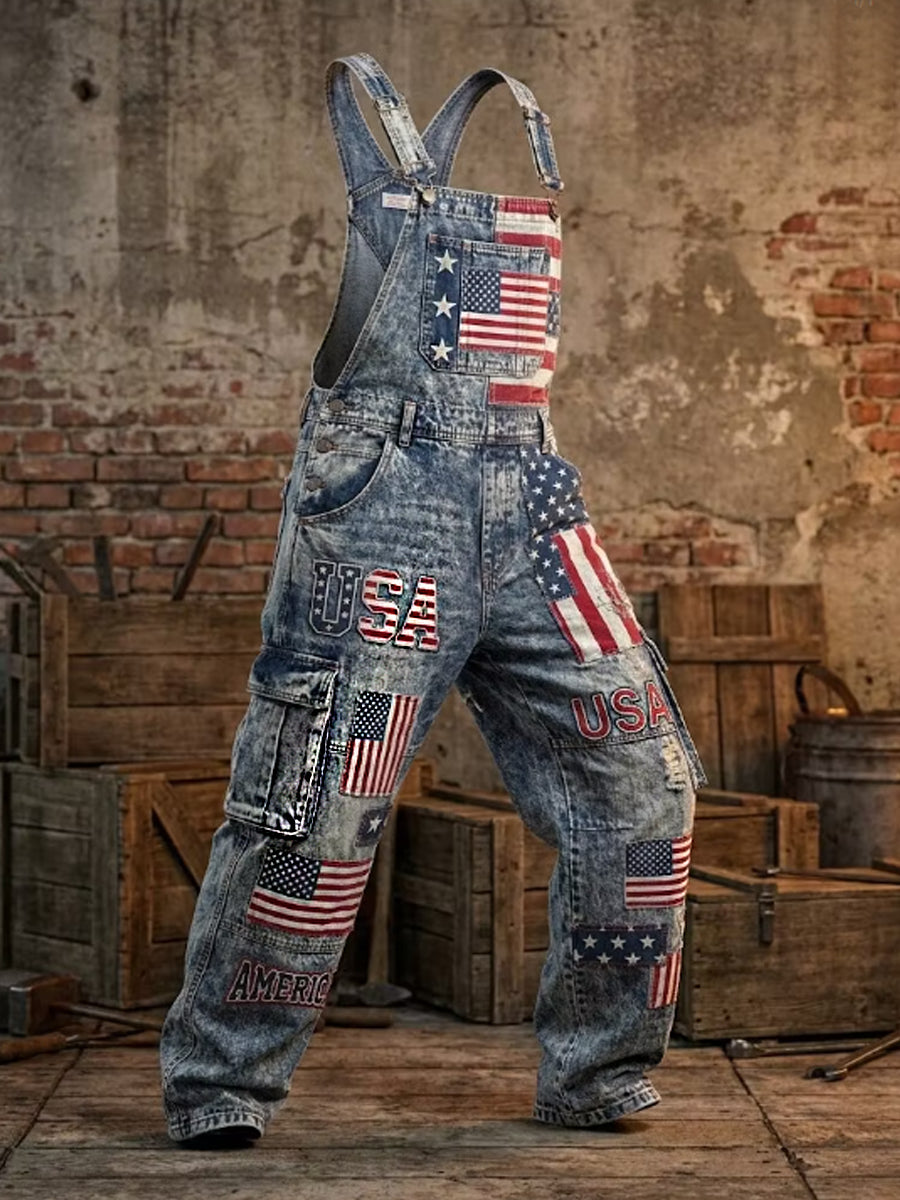 Men's Vintage American Flag Patchwork Print Overalls Jumpsuit