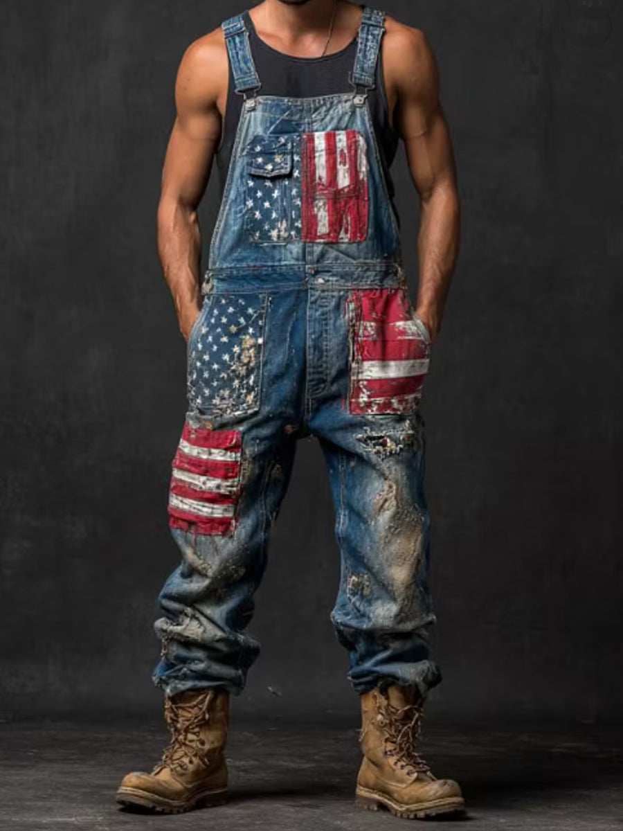 Men's Vintage American Flag Patchwork Print Overalls Jumpsuit