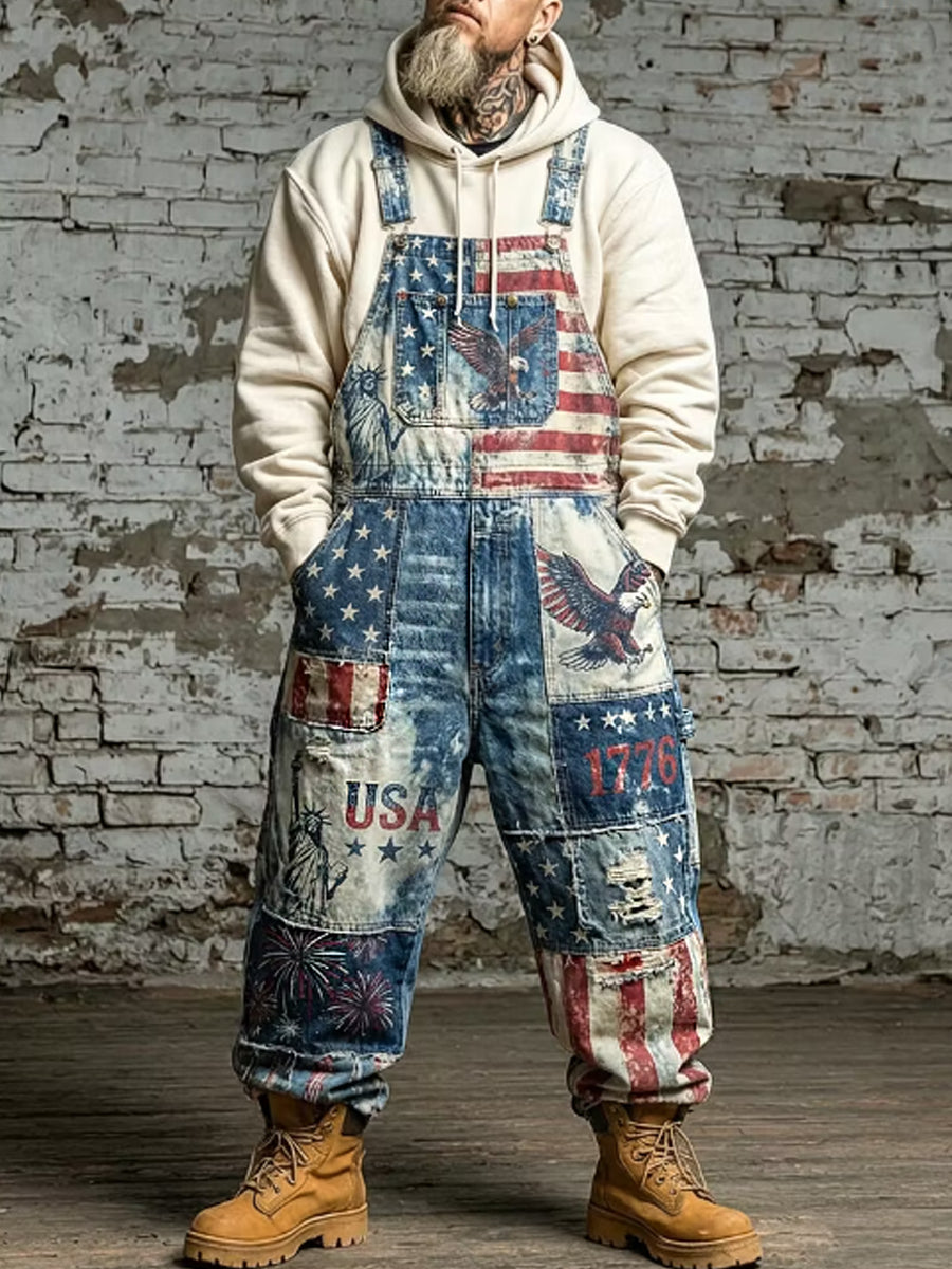 Men's Vintage American Flag Patchwork Print Overalls Jumpsuit