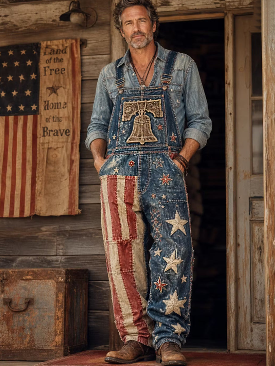 Men's Vintage American Flag Patchwork Print Overalls Jumpsuit