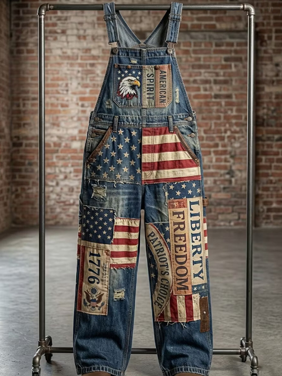 Men's Vintage American Flag Patchwork Print Overalls Jumpsuit