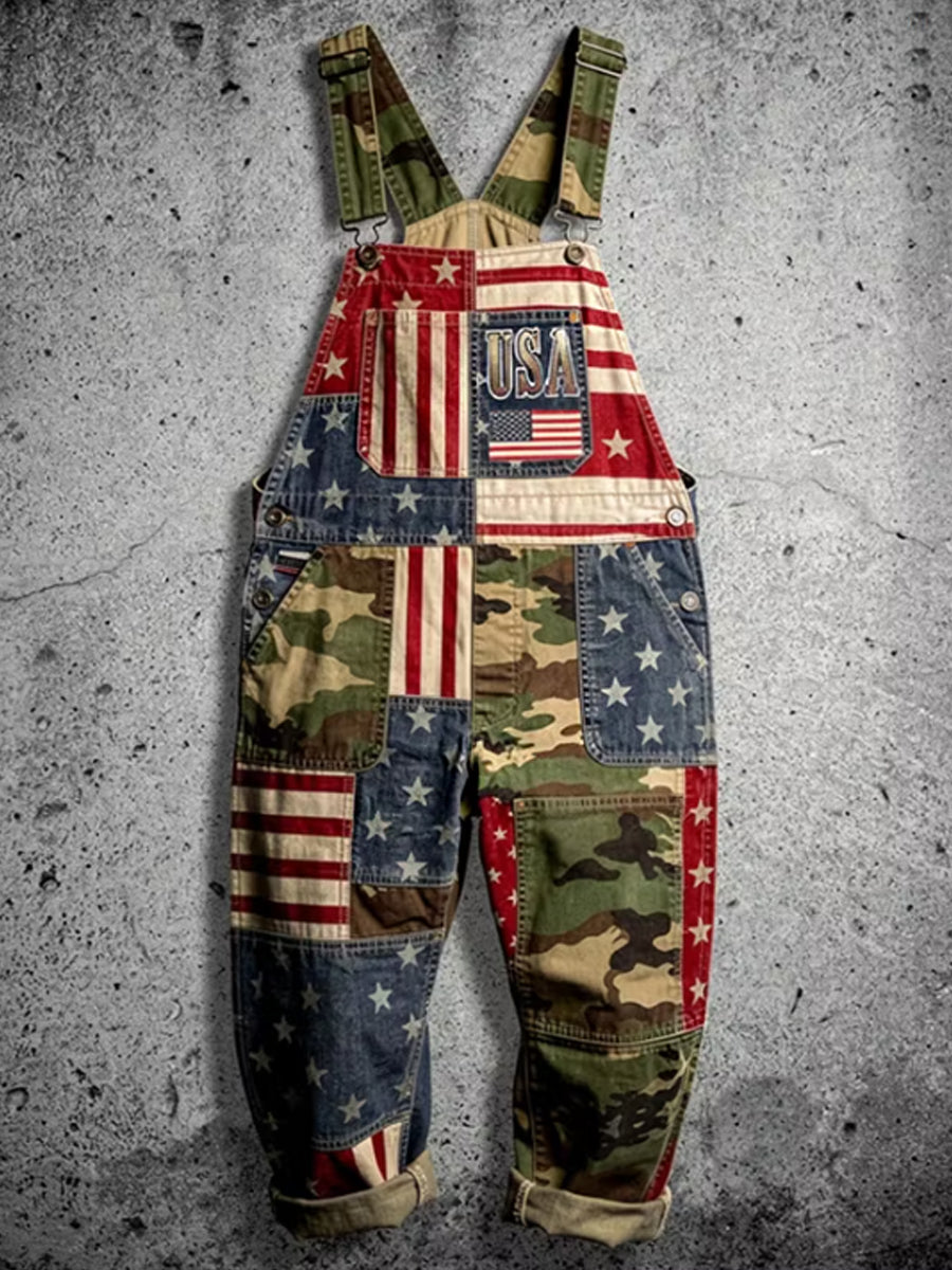 Men's Vintage American Flag Patchwork Print Overalls Jumpsuit