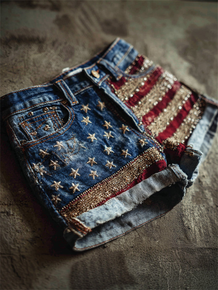 Women's Vintage Glitter American Flag Inspired Print Denim Shorts
