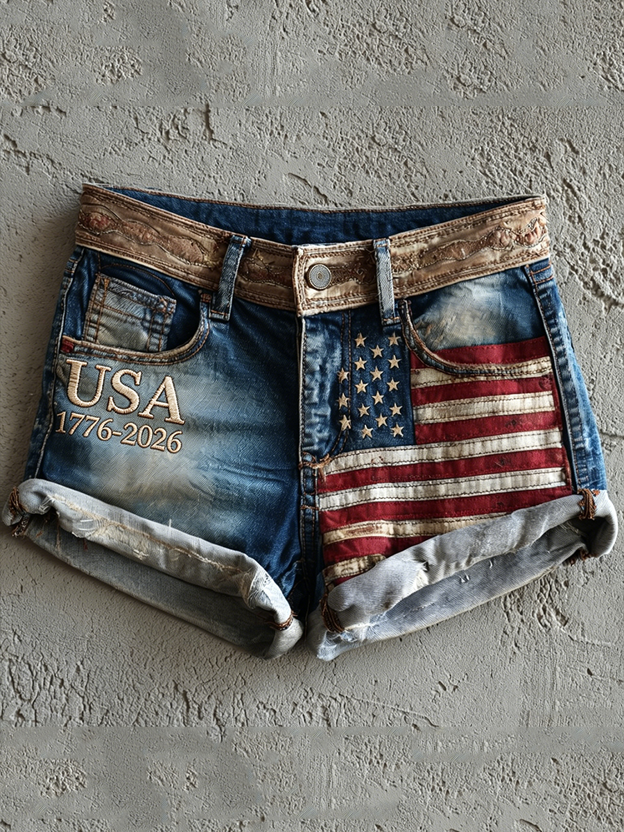 Women's USA 1776-2026 Vintage American Flag Contrast Print Denim Shorts