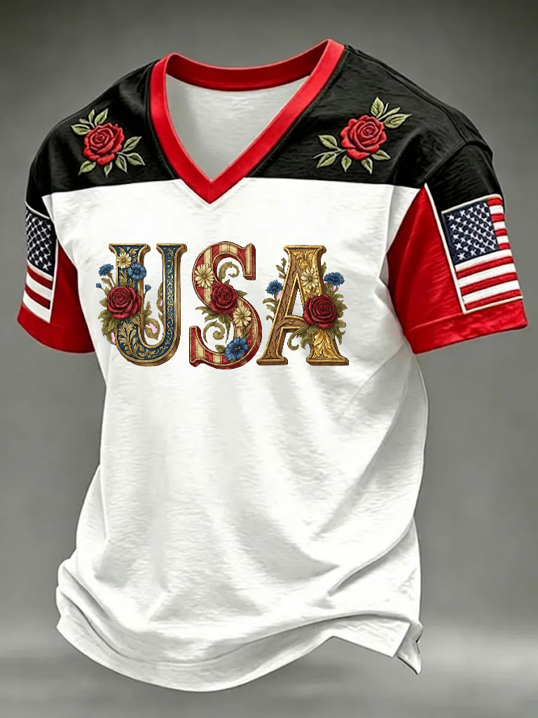 Men's USA Printed V-neck T-shirt