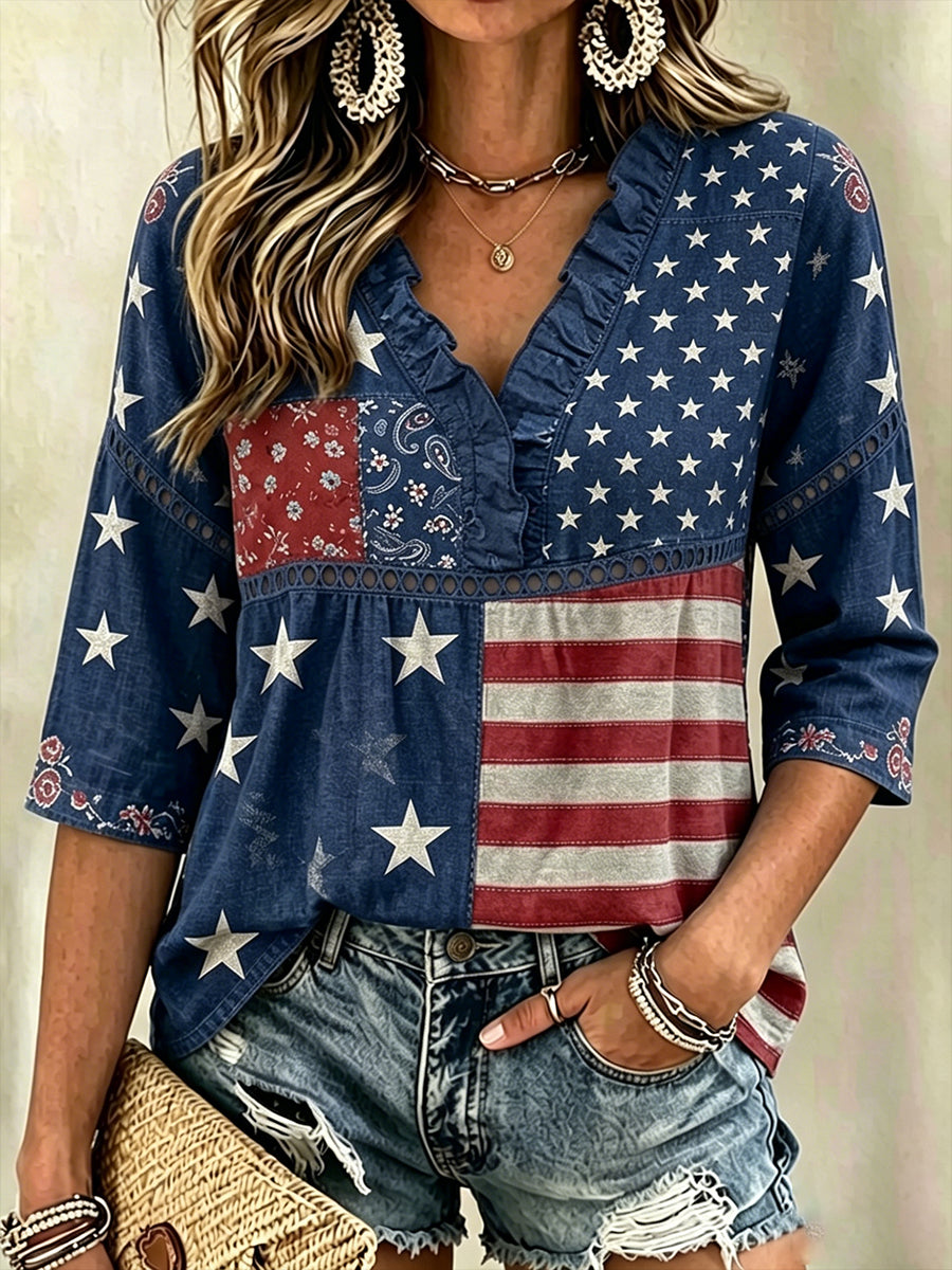 Women's Vintage Independence Day Flag Floral Art Printed V-Neck Top