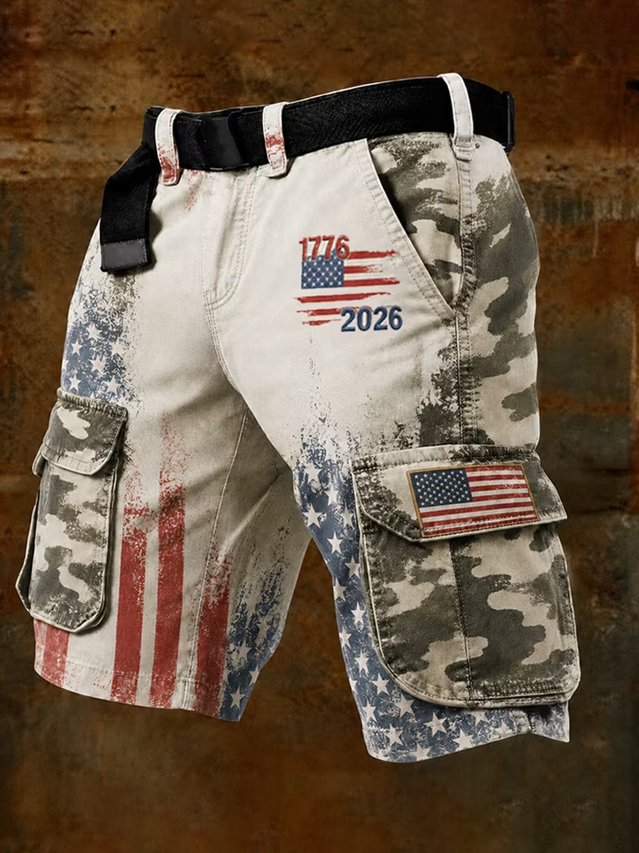 Men's Independence Day USA Flag Print Casual Patriotic Cargo Shorts
