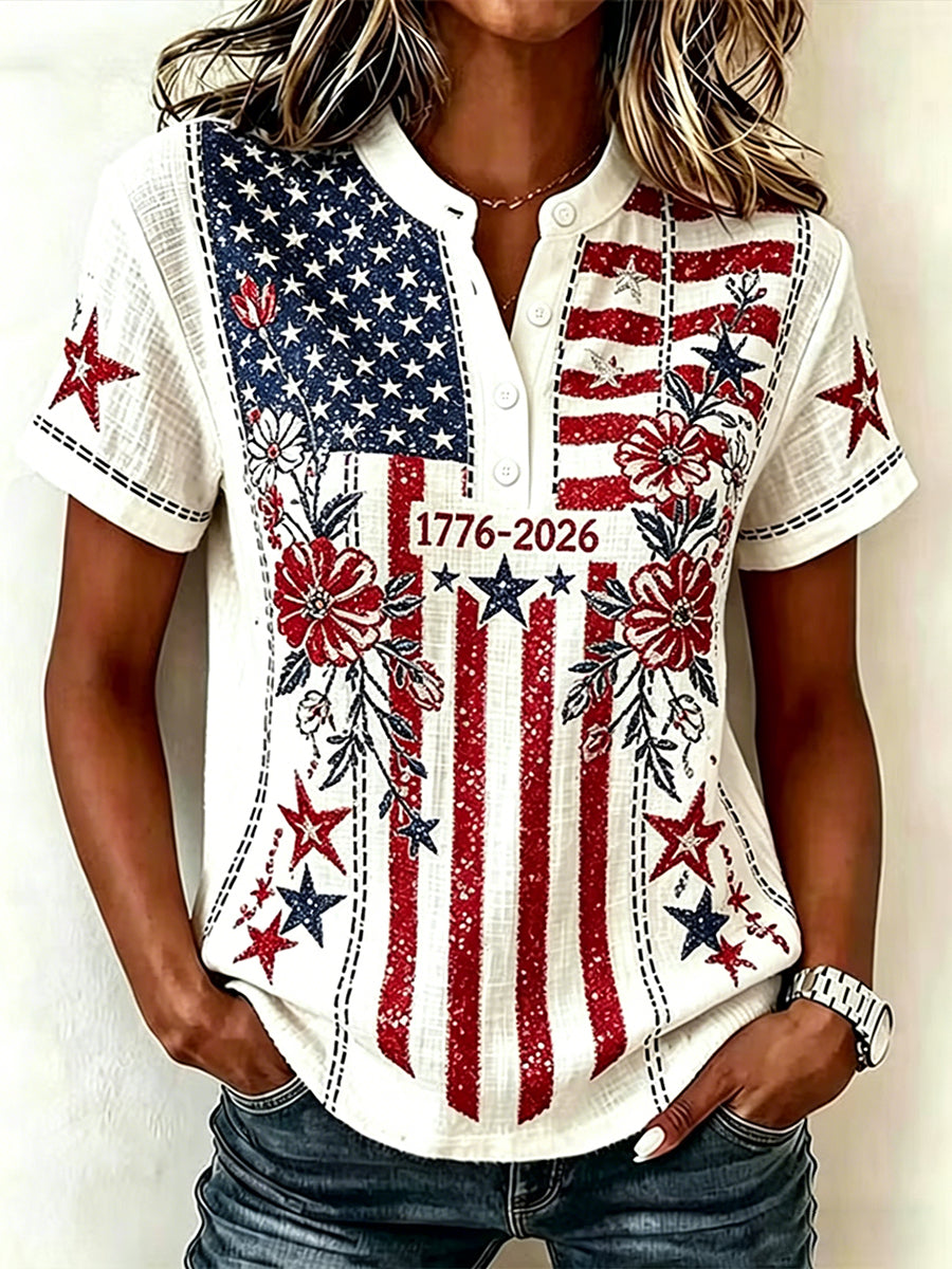 Women's Vintage Independence Day Flag Floral Art Print Short Sleeve Top
