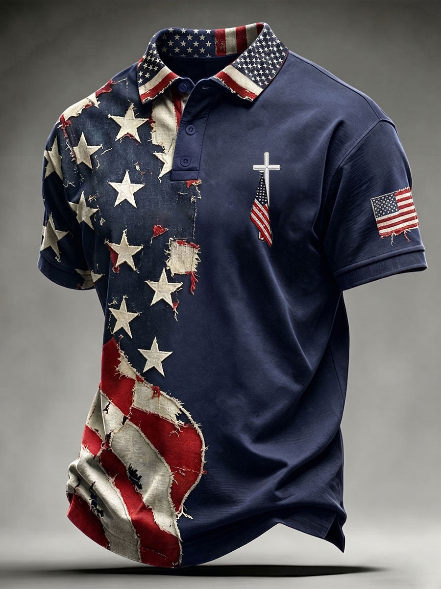 Men's Vintage Independence Day Flag Cross Art Print Short Sleeve Top