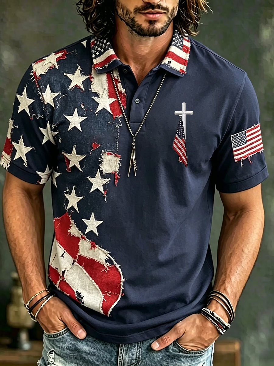 Men's Vintage Independence Day Flag Cross Art Print Short Sleeve Top