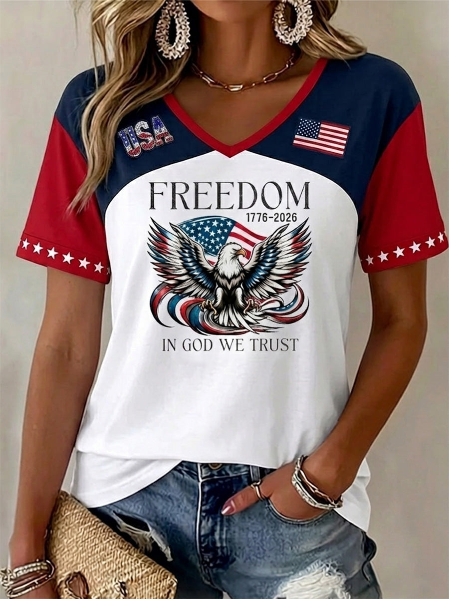 Women's Independence Day Freedom 1776-2026 Print V-Neck Tee