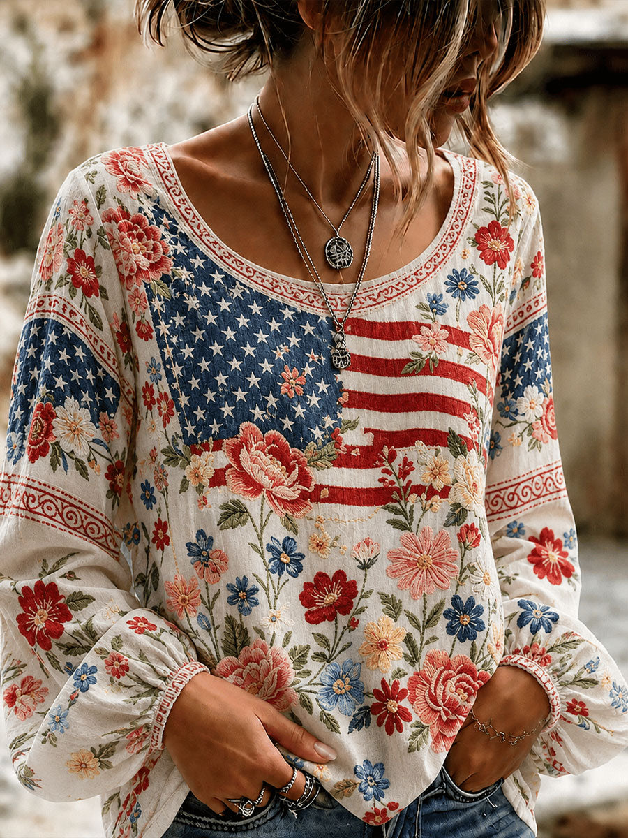 Women's American Flag Floral Print Casual T-Shirt