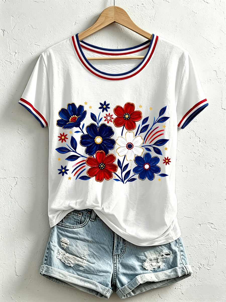 Women's Independence Day Inspired Floral Pattern T-Shirt