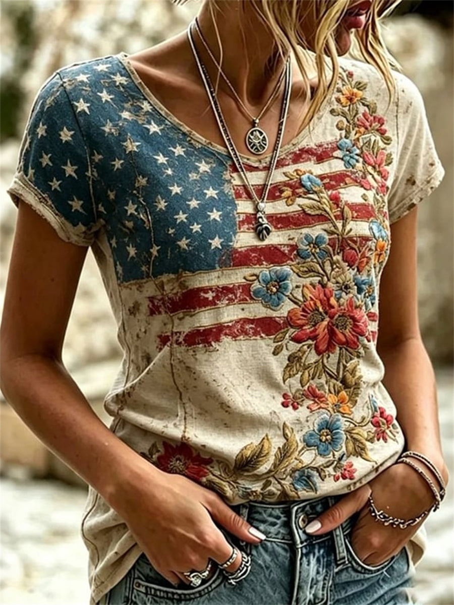 Women's Vintage American Flag Floral Print V-neck T-shirt