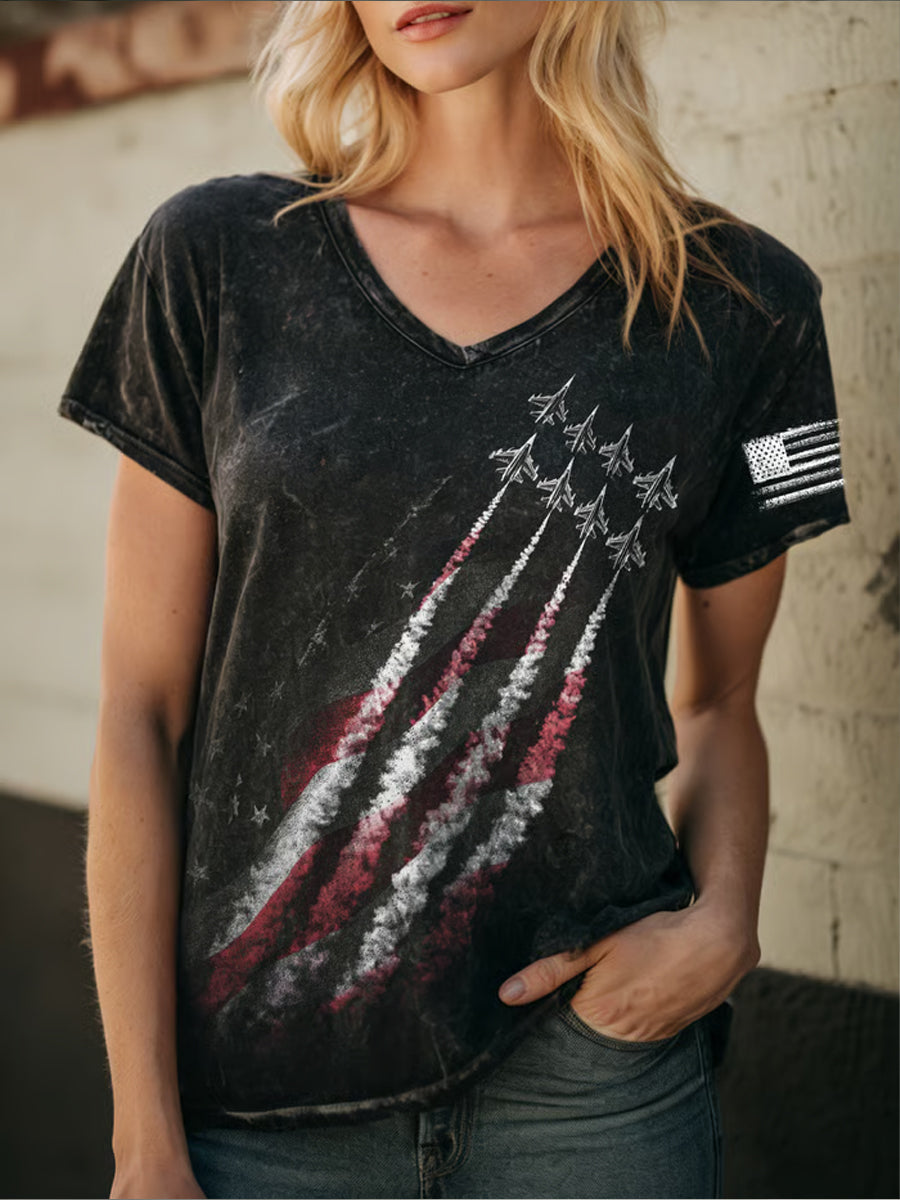 Women's America Printed V-neck T-shirt