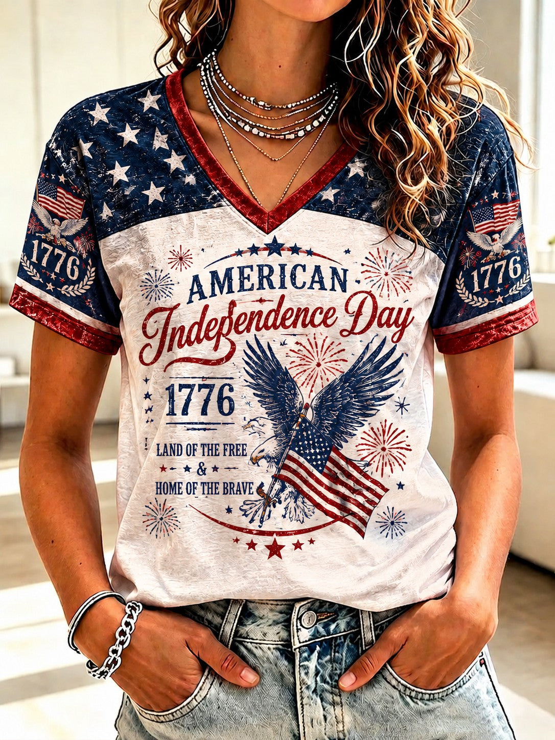 Women's Independence Day Printed V-neck T-shirt