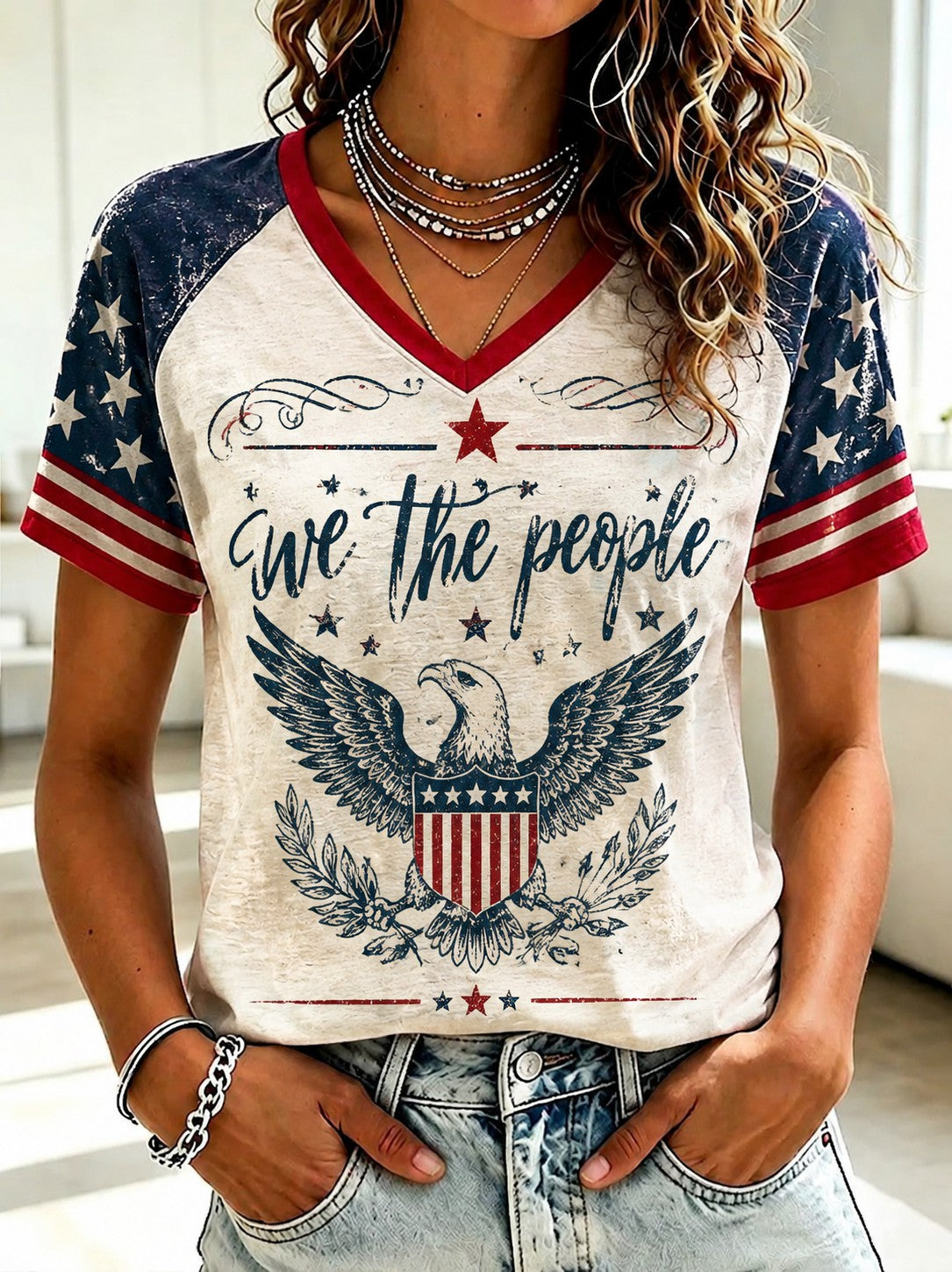 Women's Independence Day Printed V-neck T-shirt