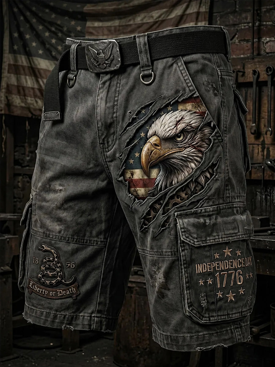 Men's Vintage Independence Day Retro American Flag Art Print Casual Shorts