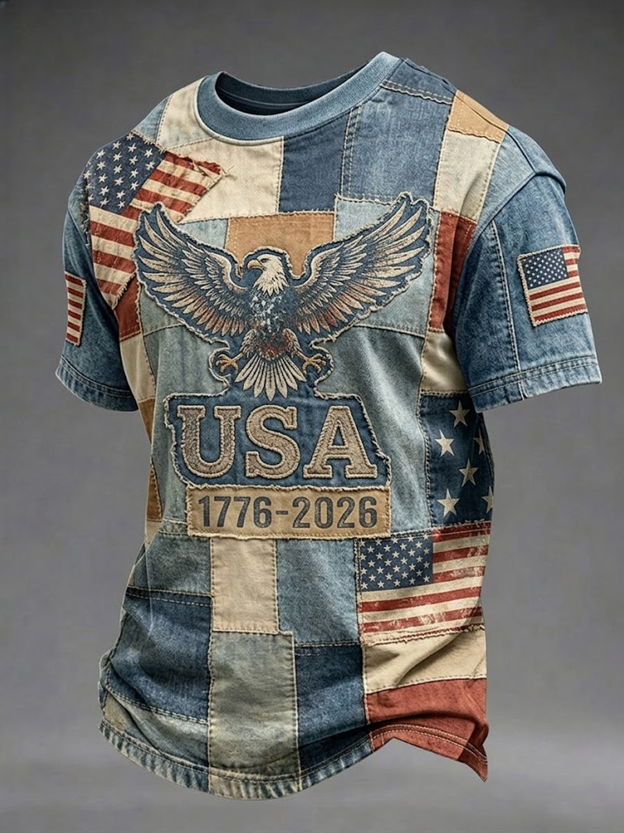 Men's Independence Day Retro USA Flag Print Casual Patriotic Tee