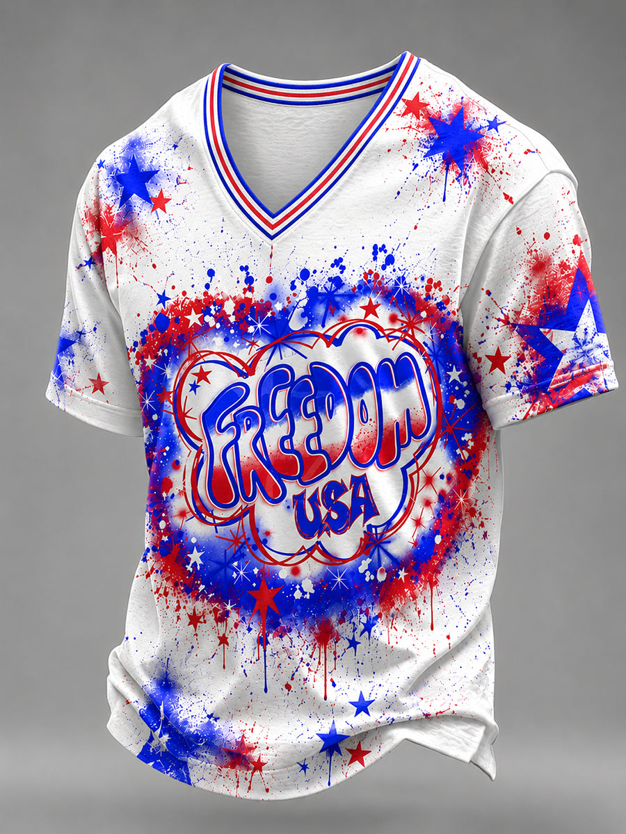 Men's Airbrush Style 4th of July Graffiti Print V-Neck T-shirt