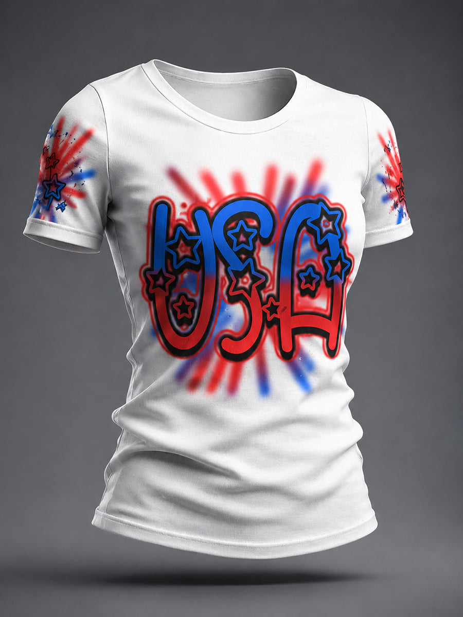 Women's Airbrush Style 4th of July Graffiti Print T-shirt