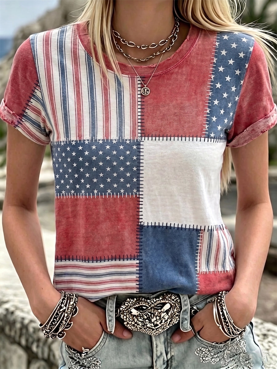 Women's Independence Day Red, White, Blue Striped Patchwork  Short Sleeve T-shirt