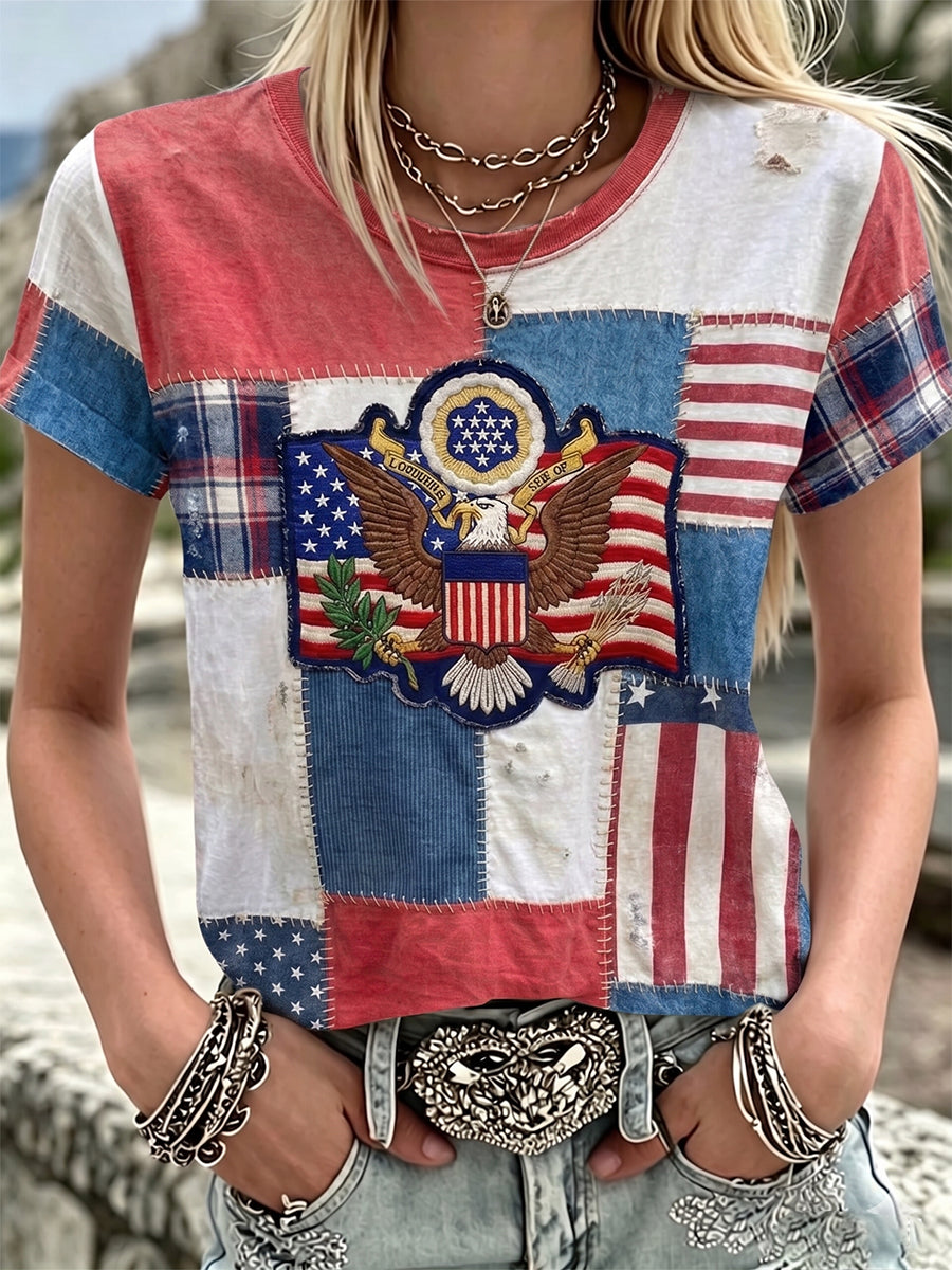 Women's Independence Day Red, White, Blue Striped Patchwork Short Sleeve T-shirt