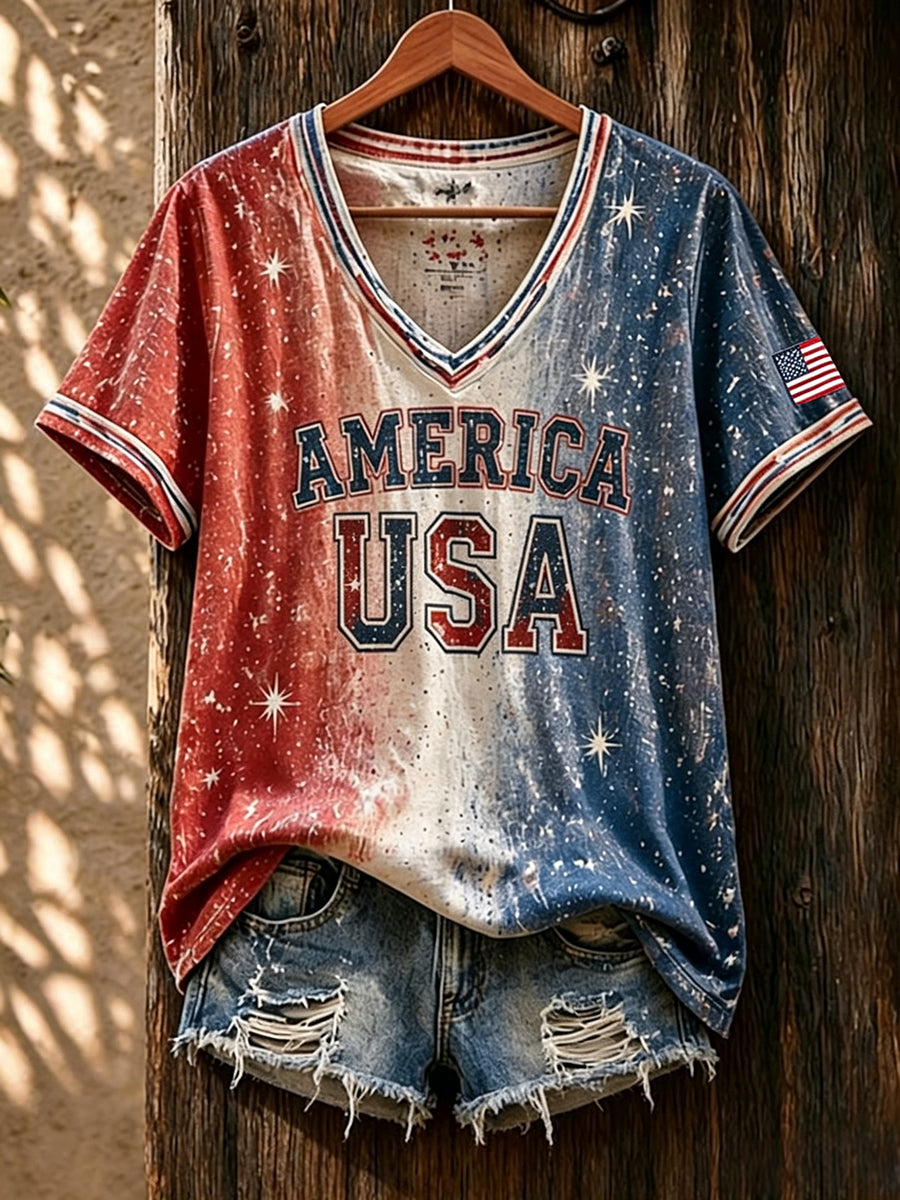 Women's Vintage American Flag  V-neck Short Sleeve T-shirt