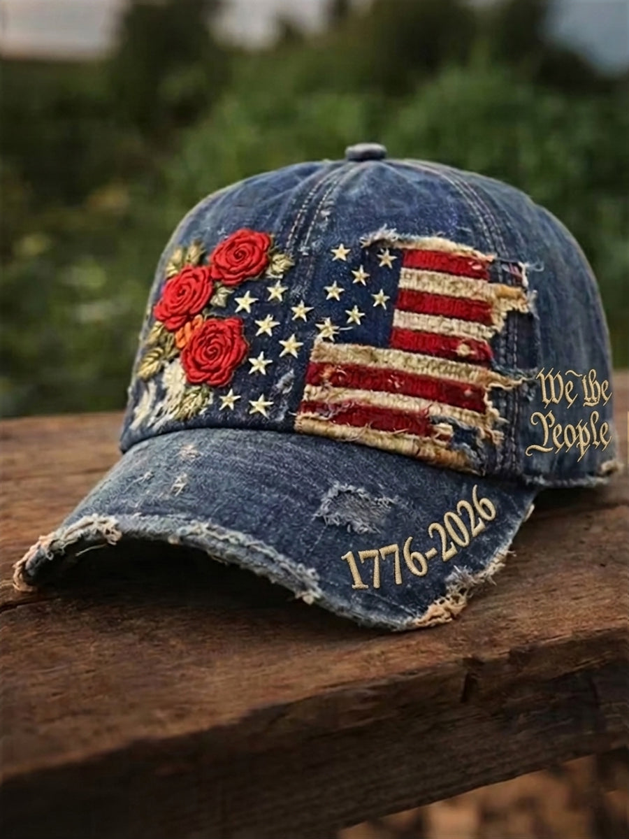 Unisex Vintage Independence Day Flag Flower Art  Print Hat