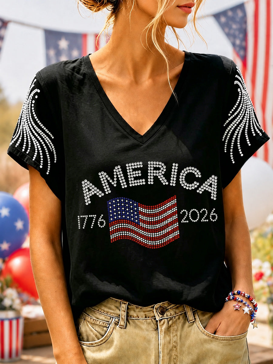 Women's America 1776-2026 Rhinestone Pattern T-Shirt