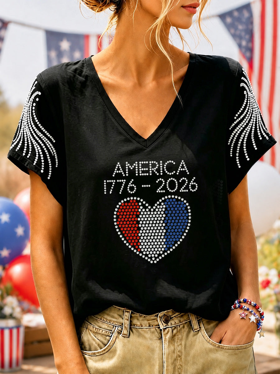 Women's America 1776-2026 Rhinestone Pattern T-Shirt