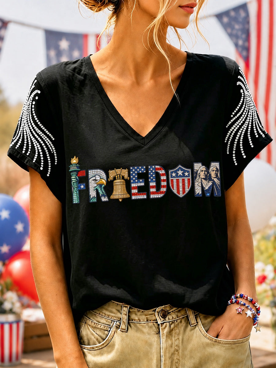 Women's Freedom Rhinestone Pattern T-Shirt