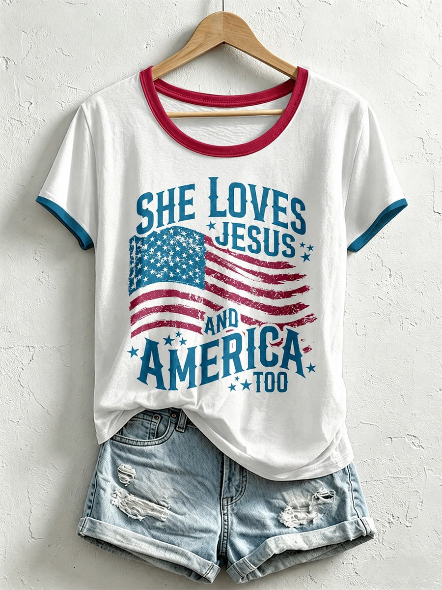Women's She Loves Jesus and America Too Print T-Shirt