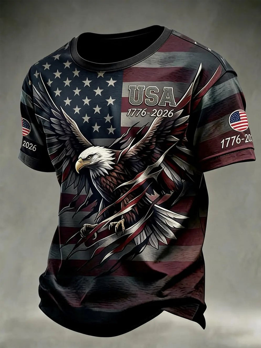Men's Independence Day USA Flag Bald Eagle Print Casual Patriotic Tee