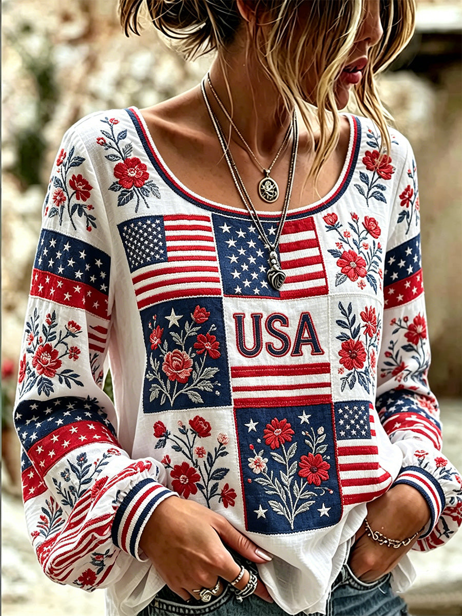 Women's Independence Day Floral USA Flag Print Top