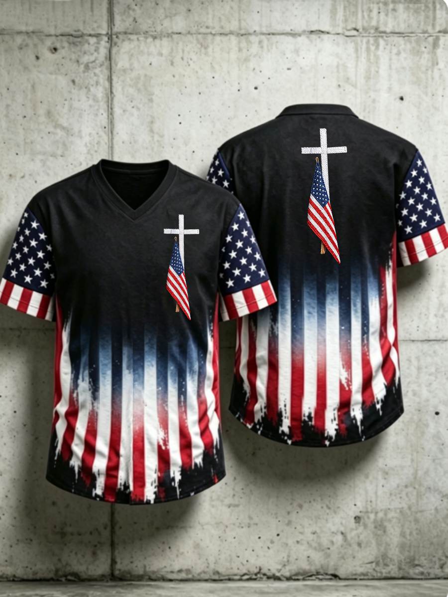 Men's USA Flag Hawaiian Shirt Cross Patriotic American Faith V-neck Tee