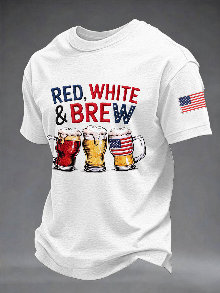 Men's Funny 4th Of July Red White & Brew Print Casual Tee